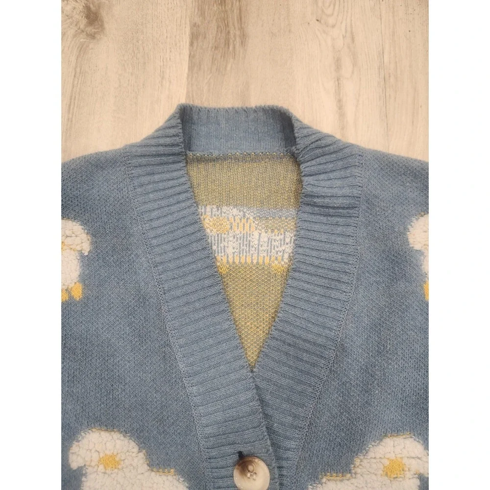 Blue & White Cardigan V-Neck Knit Sweater Sheep Motif Cottagecore Size Med/Large